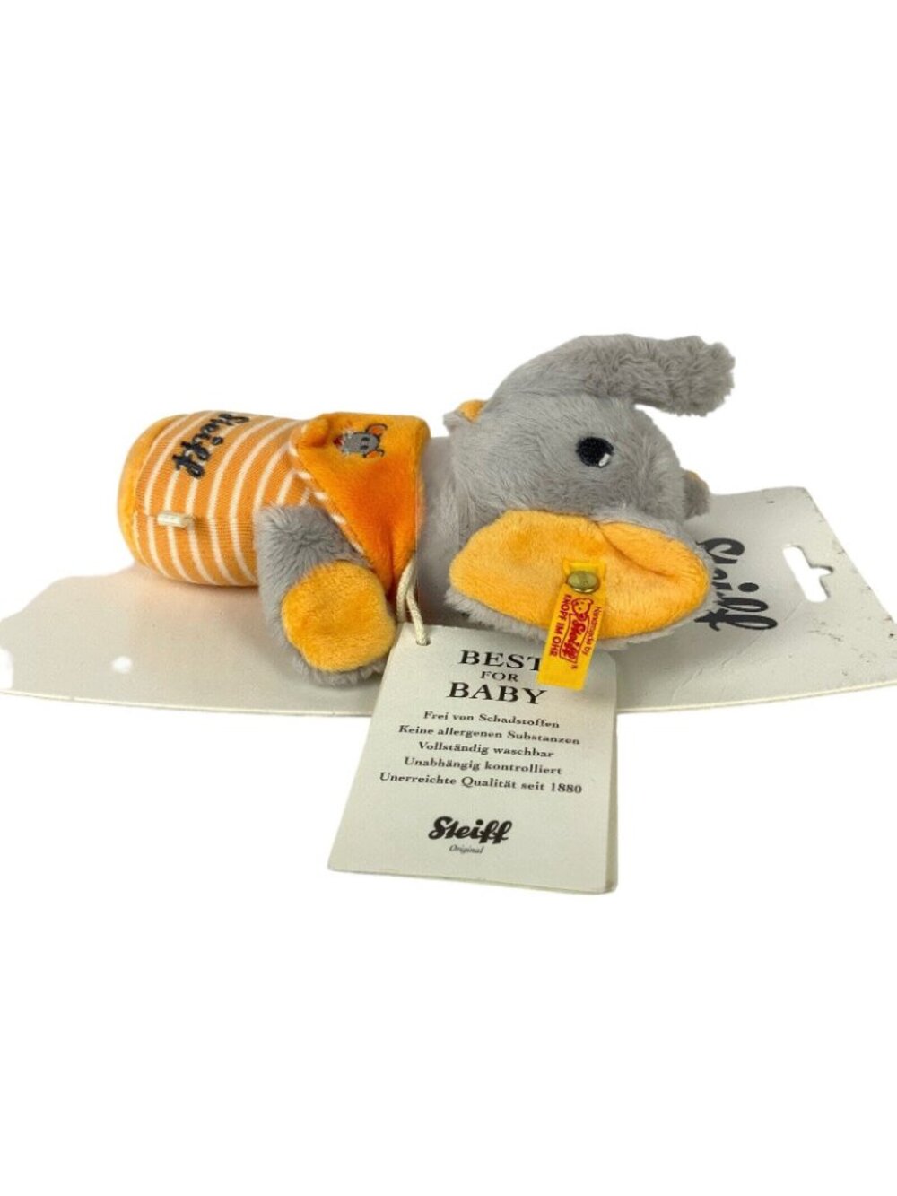 Steiff Trampili Elephant Baby Rattle Plush Toy Gray Orange 6 inch Shower Gift - Picture 2 of 8
